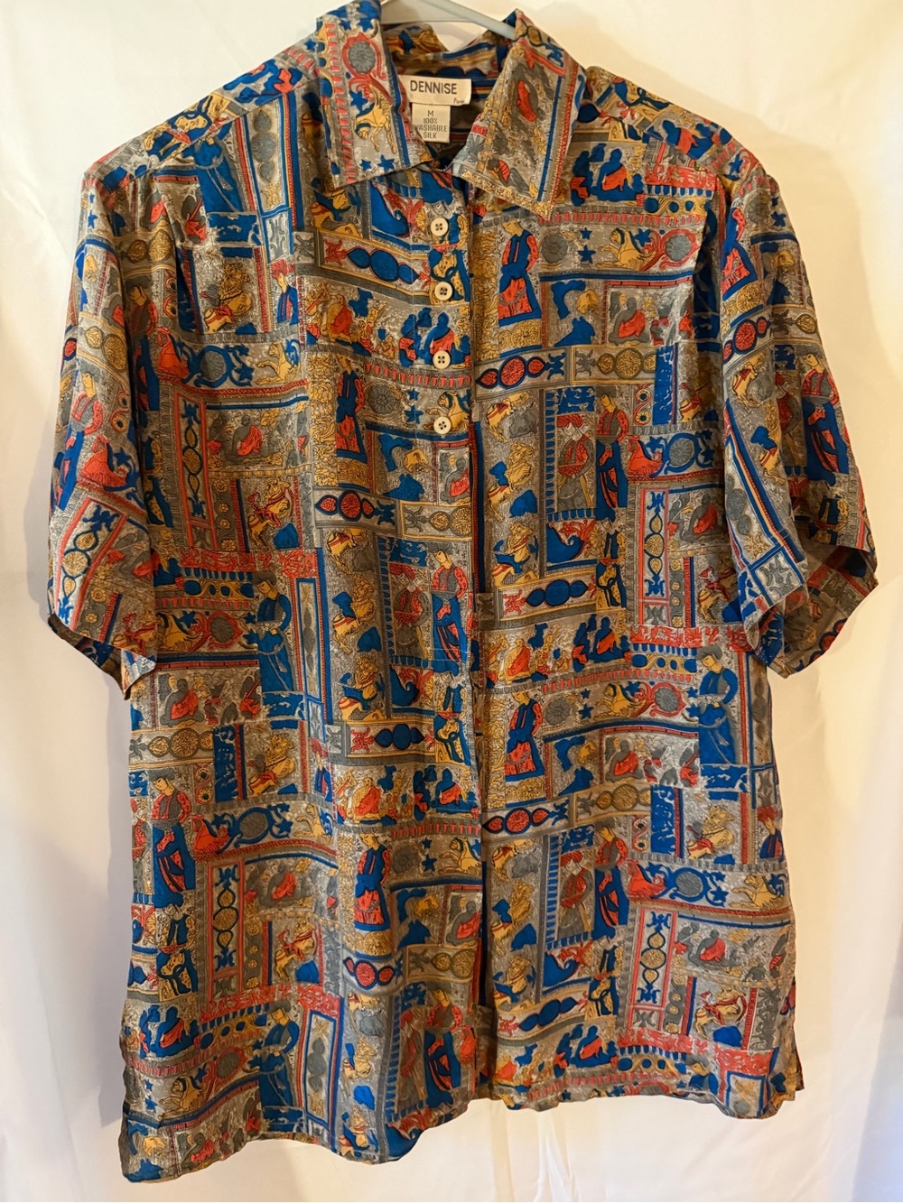 Dennise Paris Vintage women’s Short-Sleeve Patterned Button-Up Shirt - Blue/Gold